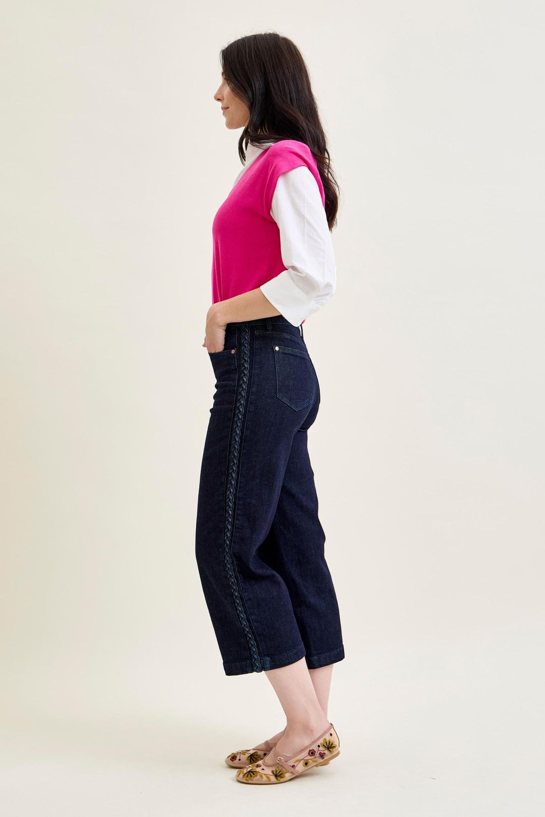 Judy Blue High Waist Side Seam Braid Detail Cropped Wide Jeans