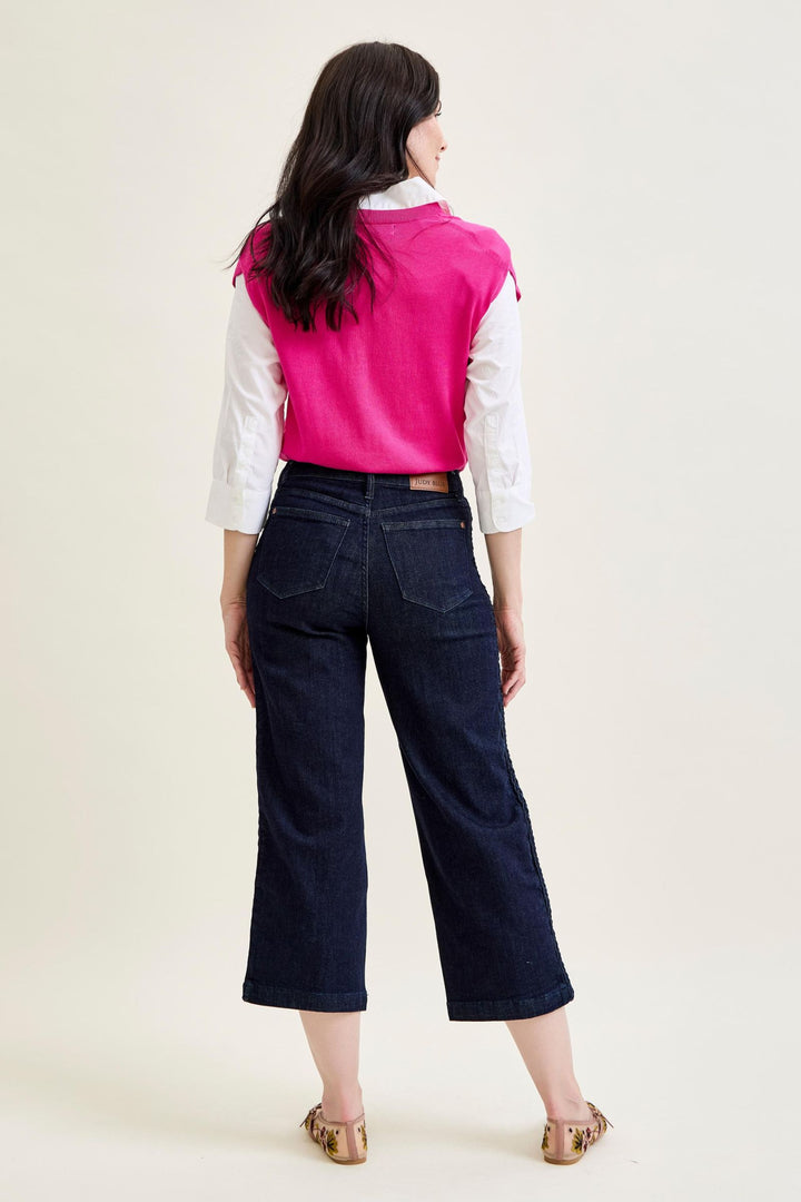 Judy Blue High Waist Side Seam Braid Detail Cropped Wide Jeans