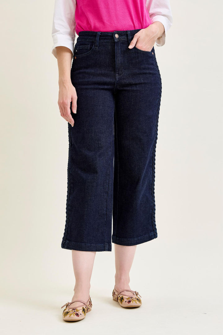 Judy Blue High Waist Side Seam Braid Detail Cropped Wide Jeans