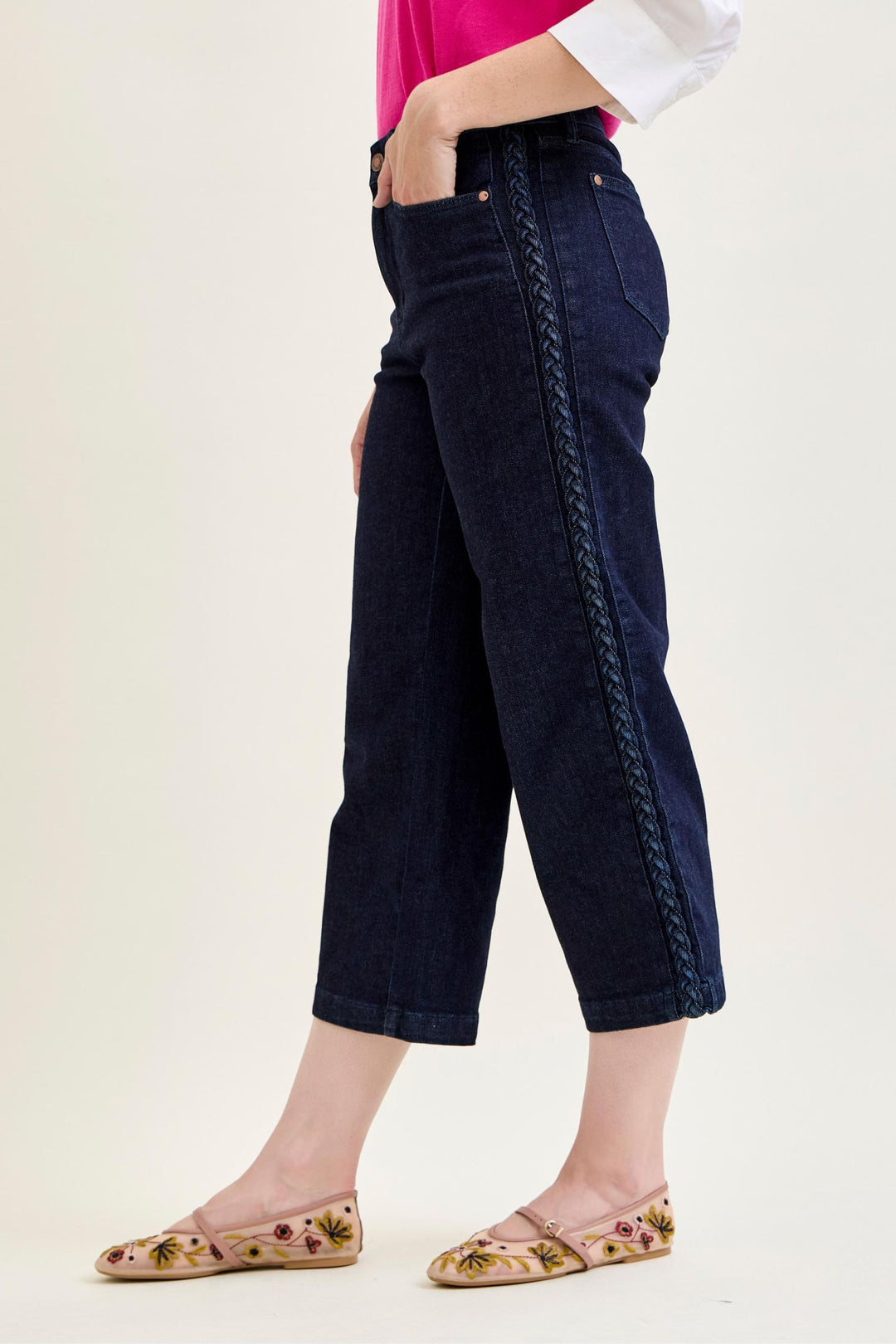 Judy Blue High Waist Side Seam Braid Detail Cropped Wide Jeans