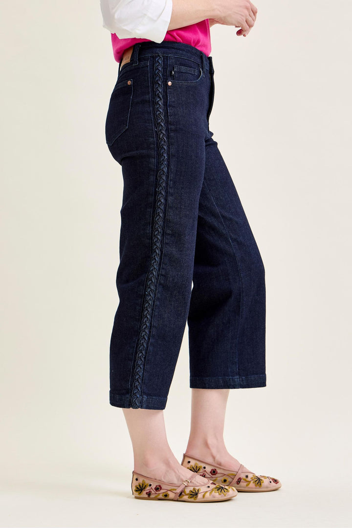 Judy Blue High Waist Side Seam Braid Detail Cropped Wide Jeans
