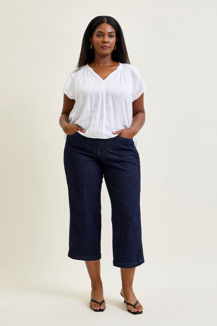 Judy Blue High Waist Side Seam Braid Detail Crop Wide Jean - Plus Size