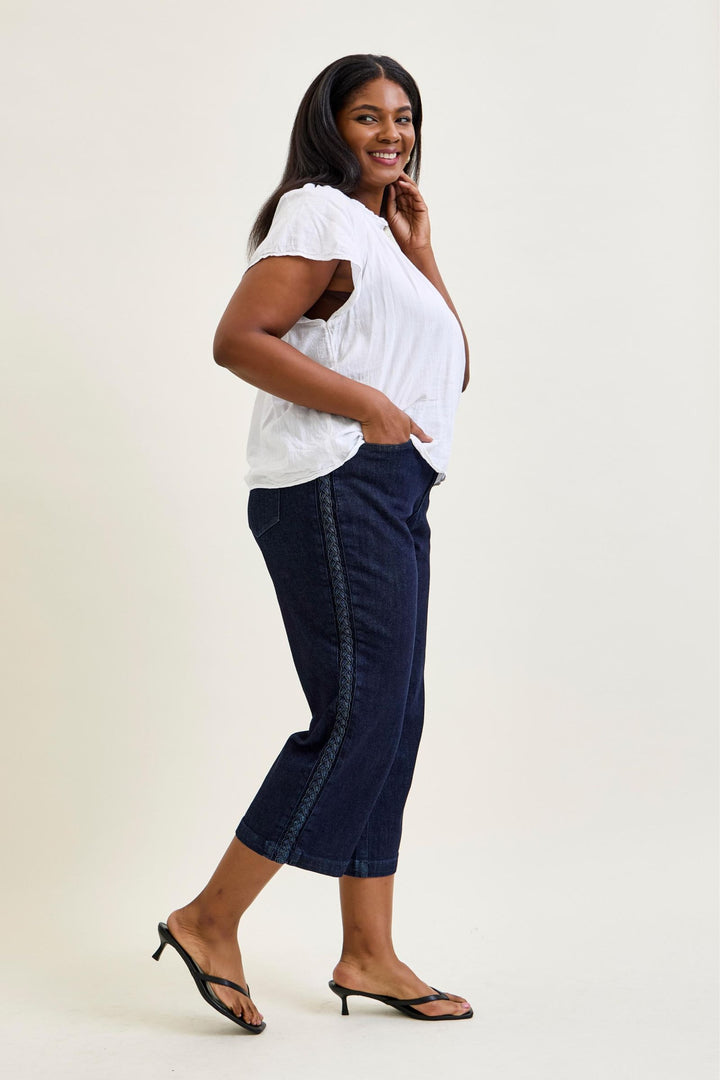 Judy Blue High Waist Side Seam Braid Detail Crop Wide Jean - Plus Size