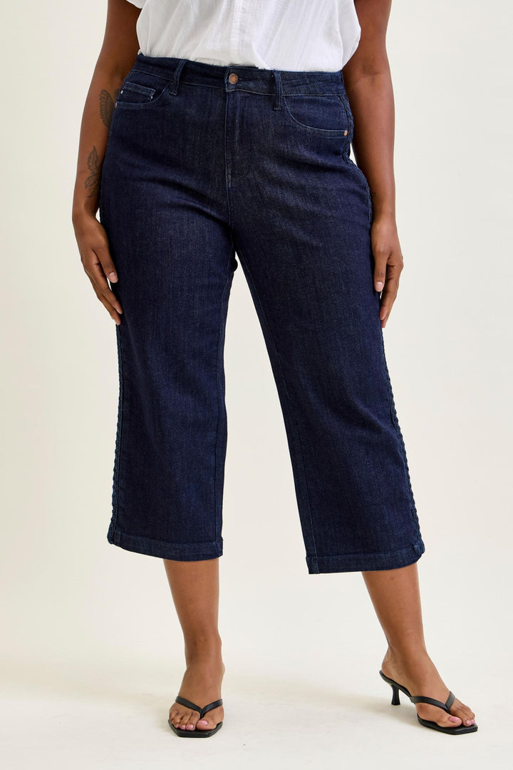 Judy Blue High Waist Side Seam Braid Detail Crop Wide Jean - Plus Size