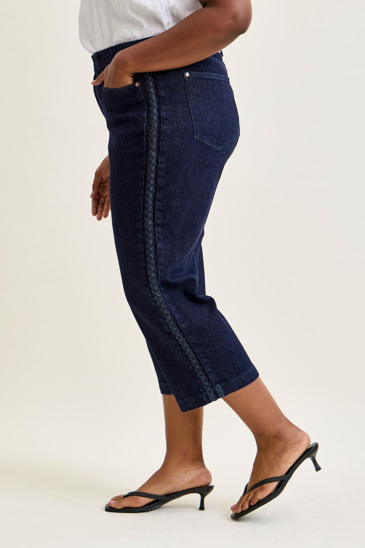 Judy Blue High Waist Side Seam Braid Detail Crop Wide Jean - Plus Size