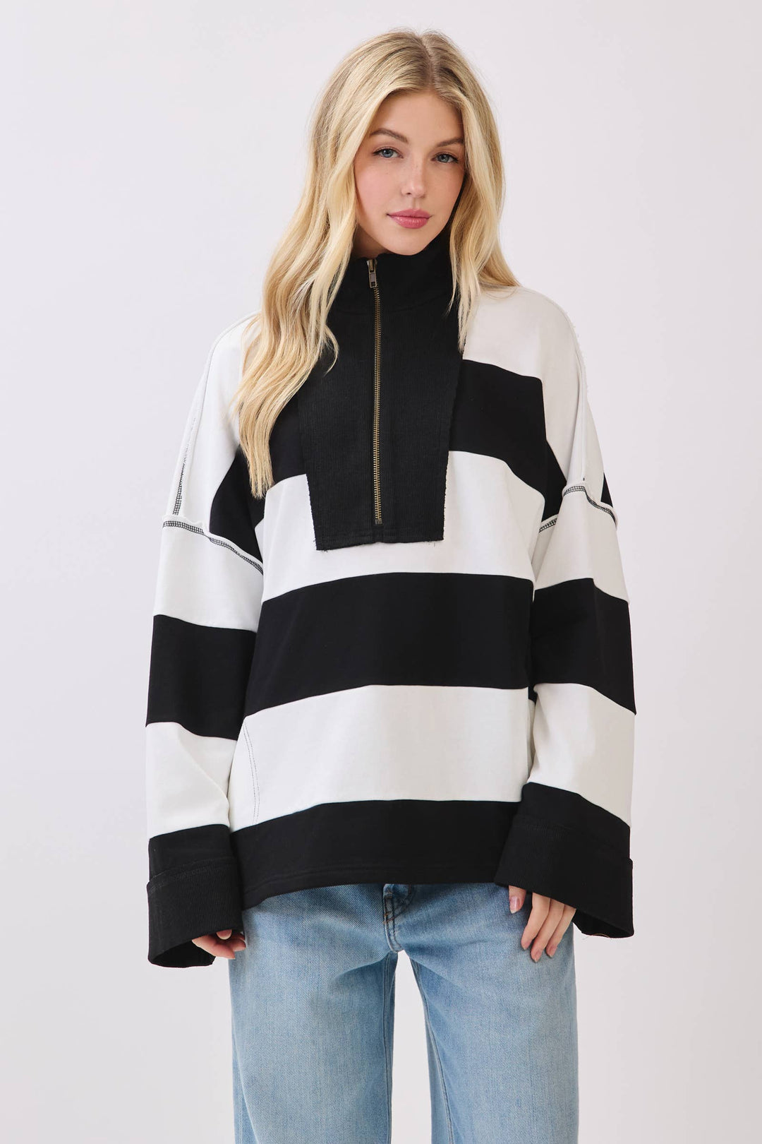 Varsity Stripe Oversized Zip Pullover - Red/Black