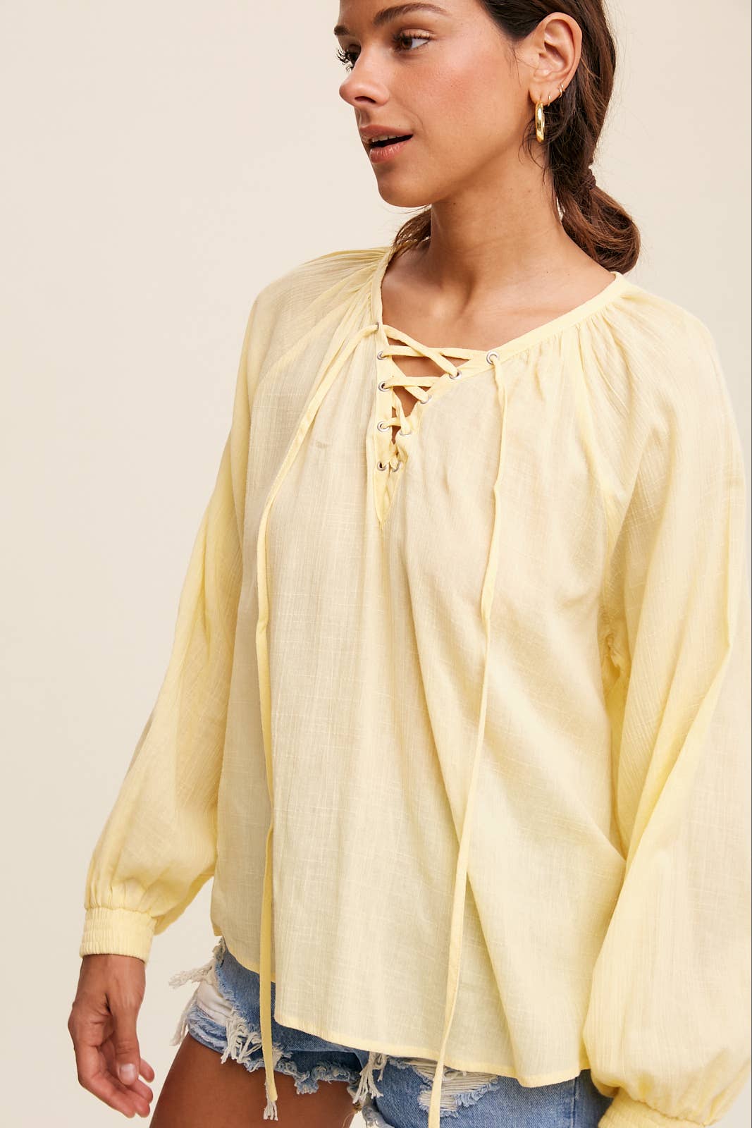 Lace-Up Gauze Peasant Blouse - Lemon Vanilla
