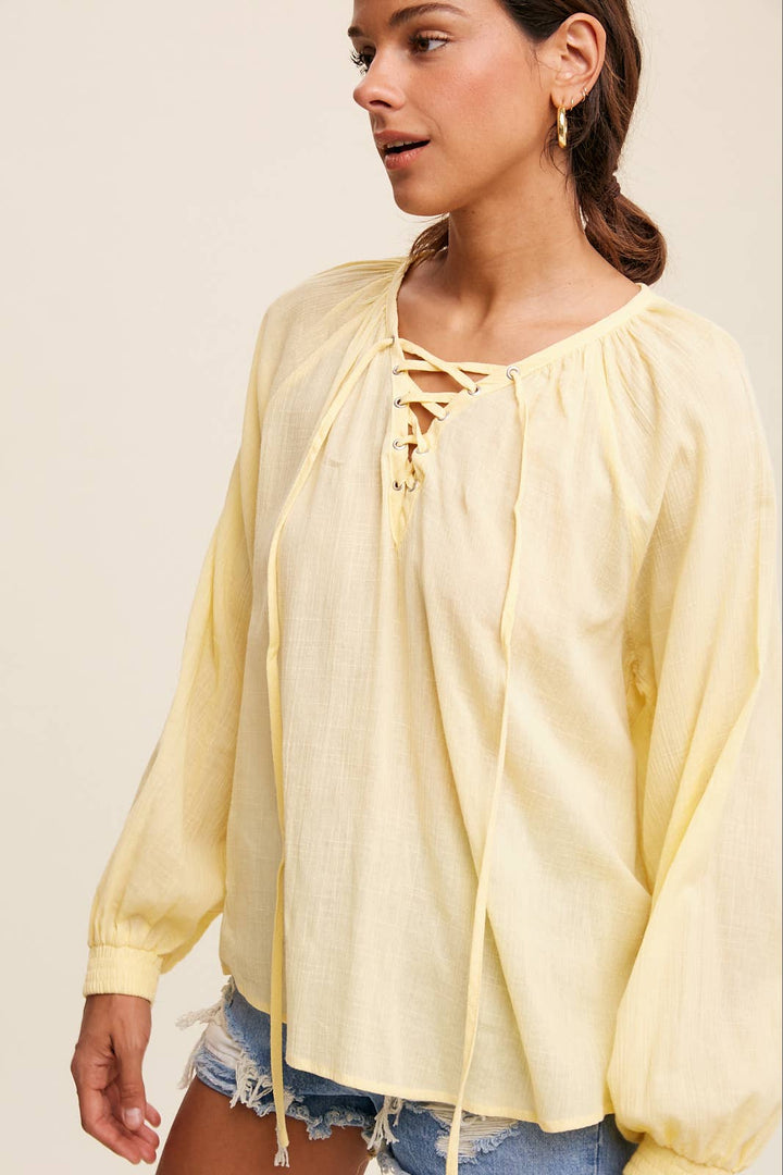 Lace-Up Gauze Peasant Blouse - Lemon Vanilla