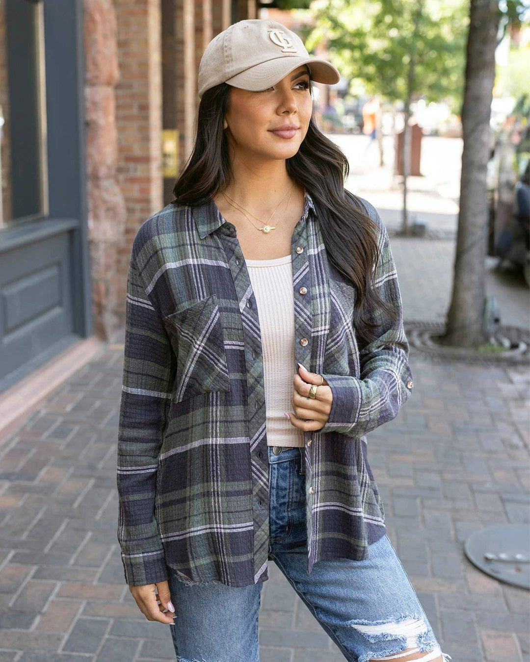 Favorite Button Up Top in Olive Plaid