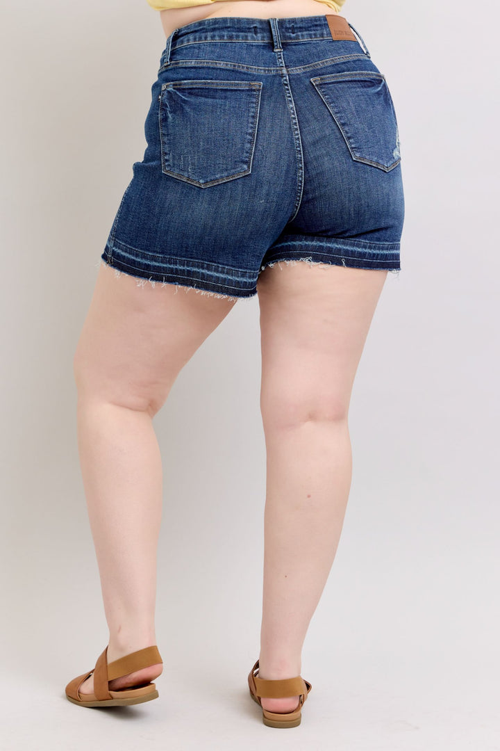 Plus Size - Judy Blue High Waisted Tummy Control Destroy Release Hem Shorts