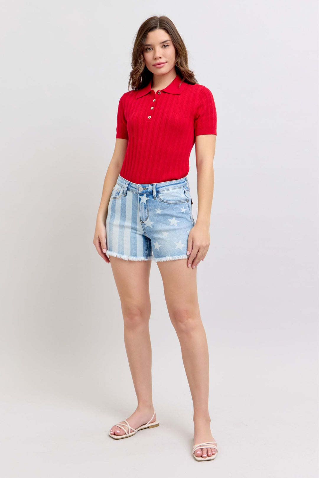 Judy Blue Americana Stars and Stripes Bleach Discharge Fray Hem Shorts