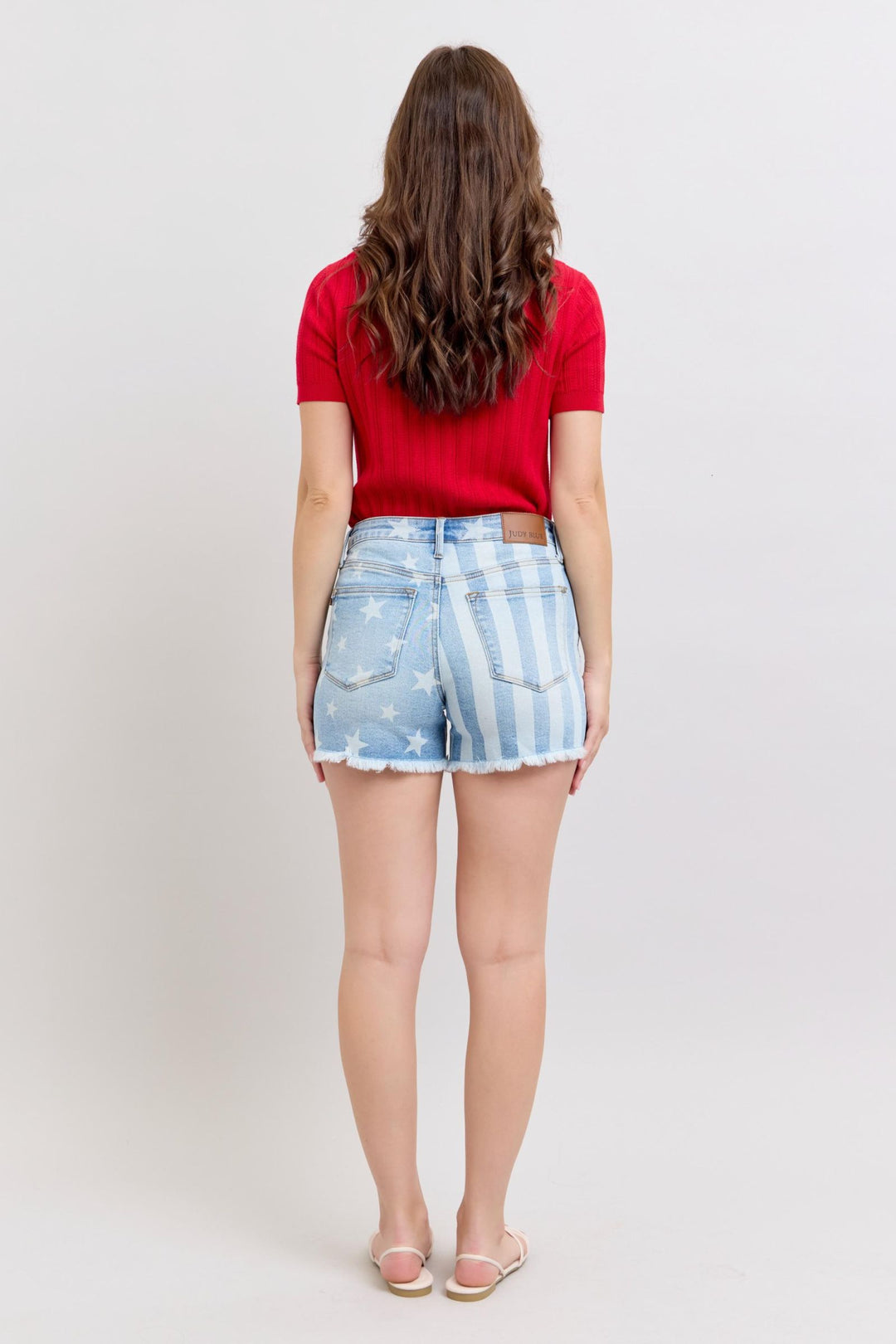 Judy Blue Americana Stars and Stripes Bleach Discharge Fray Hem Shorts