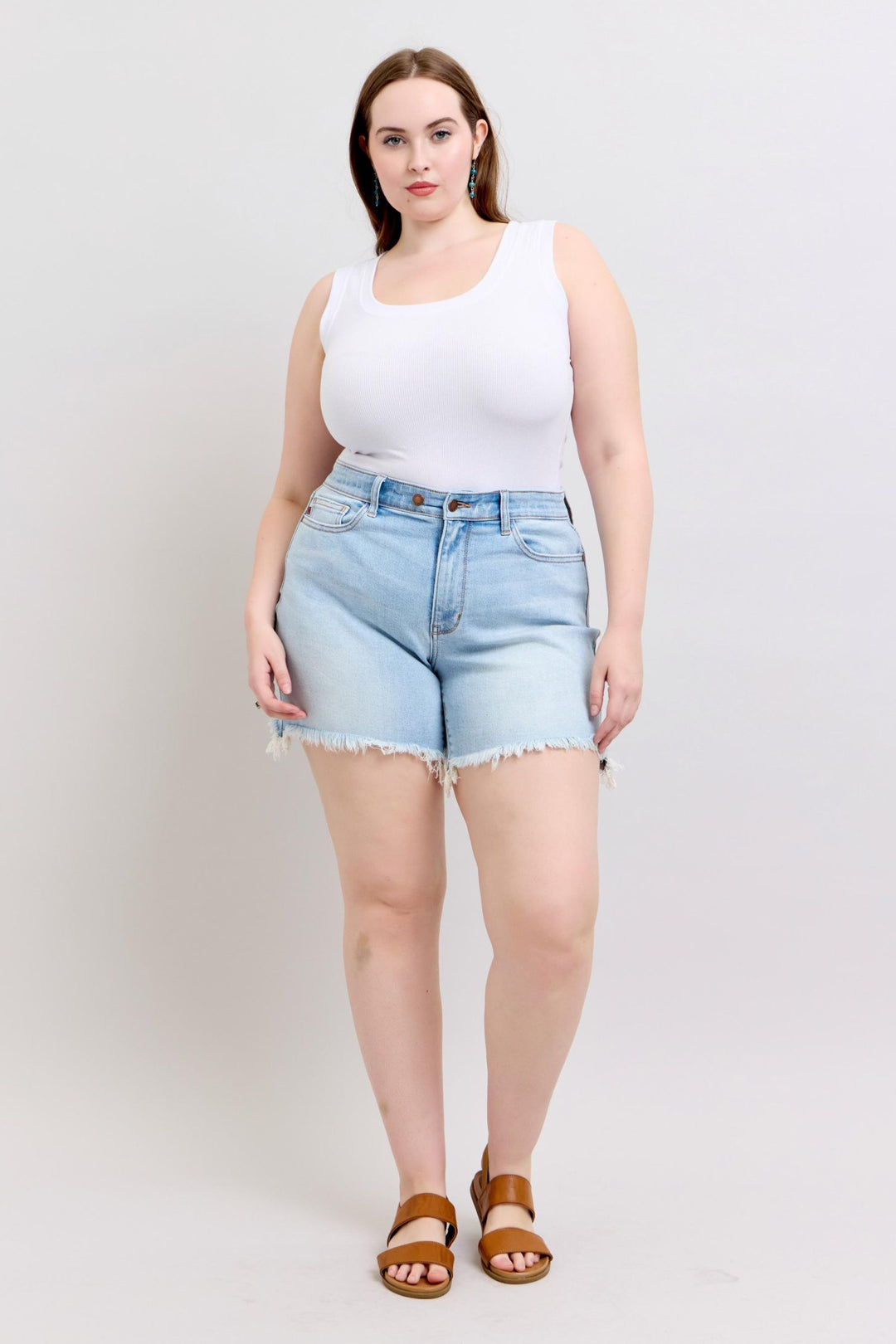 Plus Size - Judy Blue Long Cut Off 2 Button Dad Shorts - Lightwash