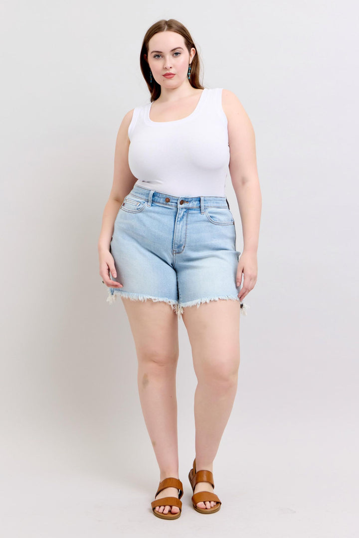 Plus Size - Judy Blue Long Cut Off 2 Button Dad Shorts - Lightwash