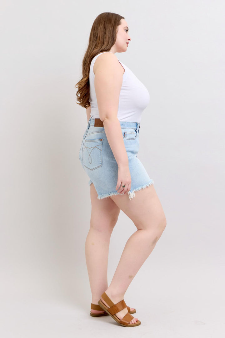 Plus Size - Judy Blue Long Cut Off 2 Button Dad Shorts - Lightwash
