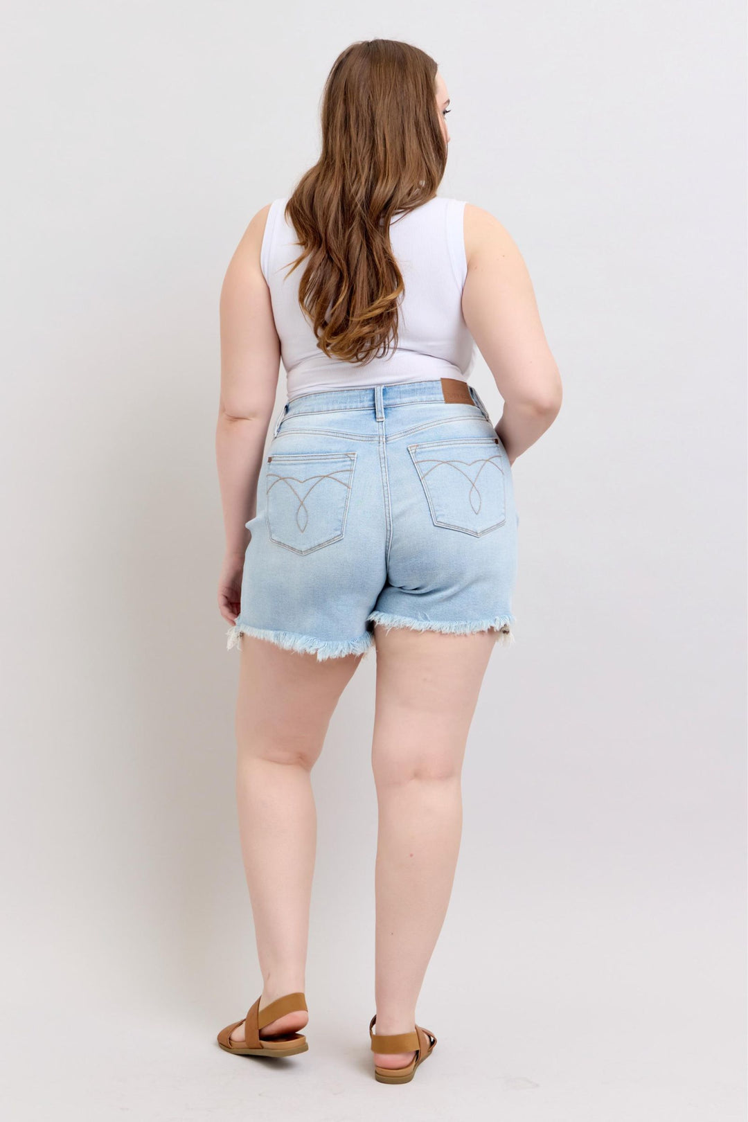 Plus Size - Judy Blue Long Cut Off 2 Button Dad Shorts - Lightwash