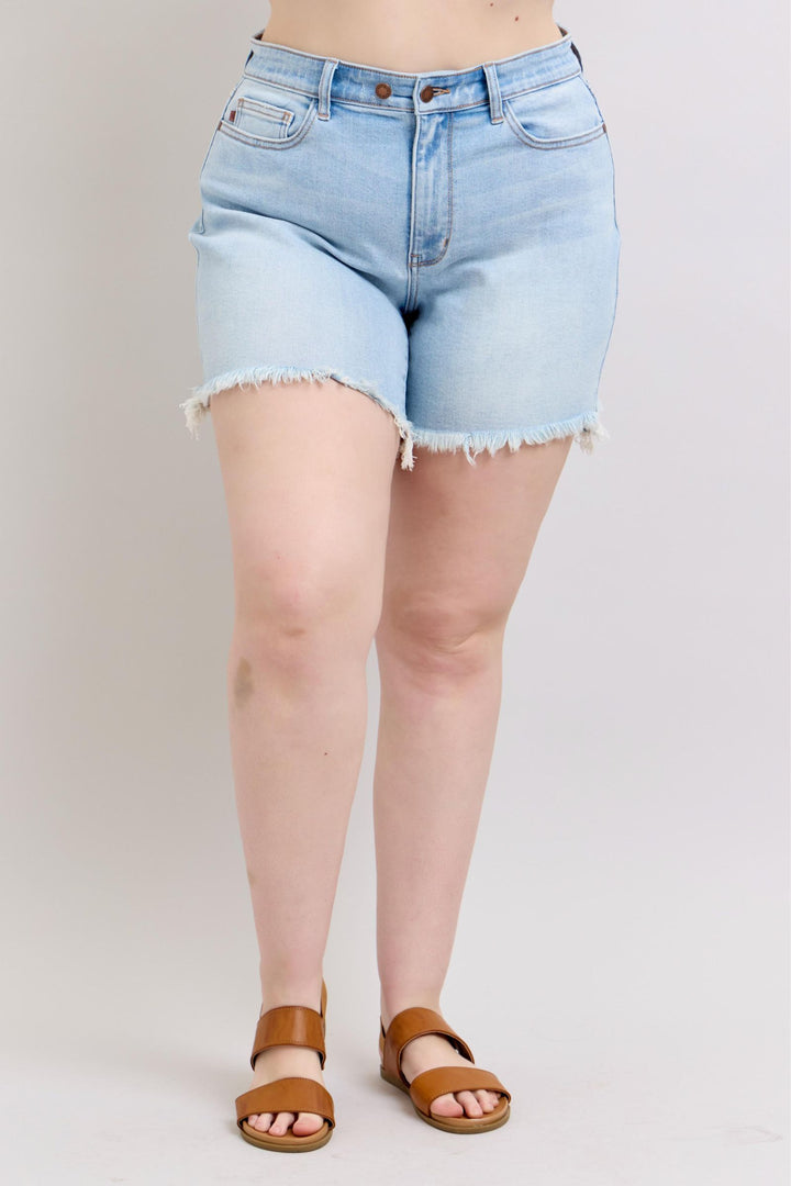 Plus Size - Judy Blue Long Cut Off 2 Button Dad Shorts - Lightwash