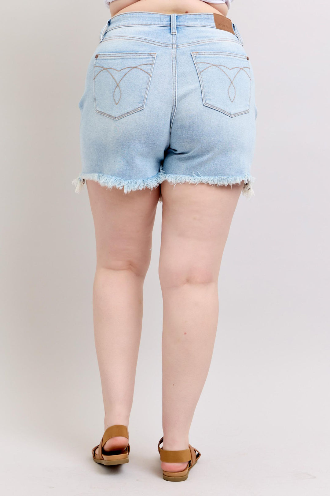 Plus Size - Judy Blue Long Cut Off 2 Button Dad Shorts - Lightwash