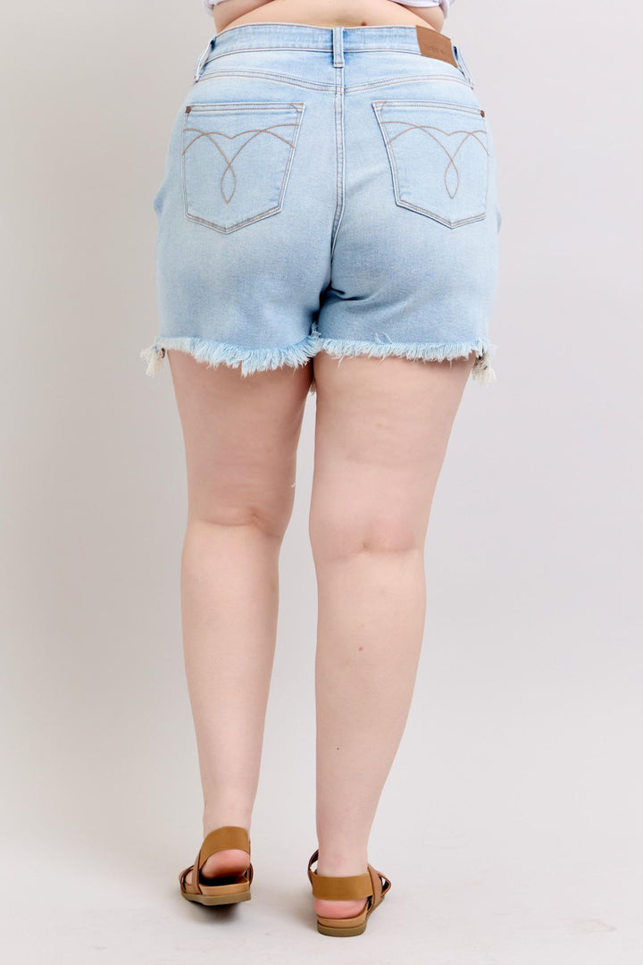 Plus Size - Judy Blue Long Cut Off 2 Button Dad Shorts - Lightwash