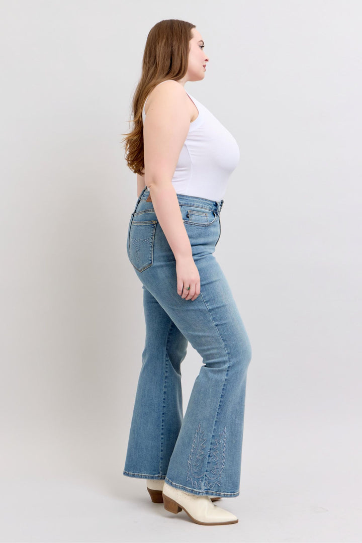 Judy Blue High Waist Western Embroidery Detail Flare Denim - Plus Size