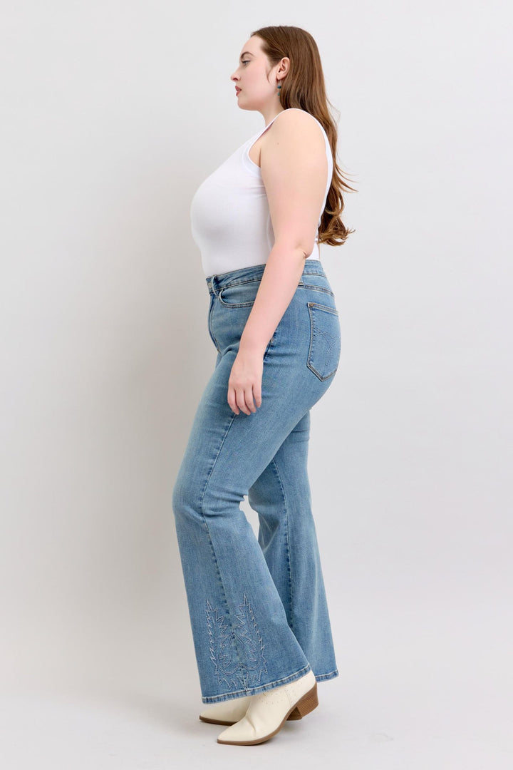 Judy Blue High Waist Western Embroidery Detail Flare Denim - Plus Size