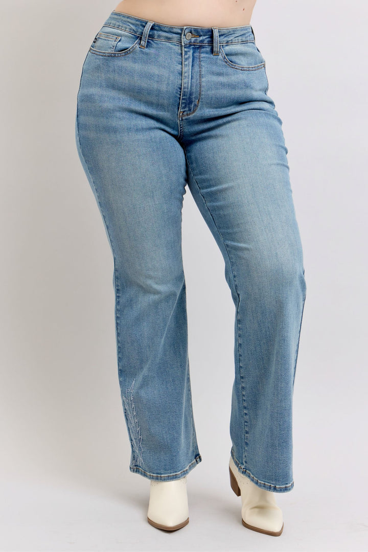 Judy Blue High Waist Western Embroidery Detail Flare Denim - Plus Size