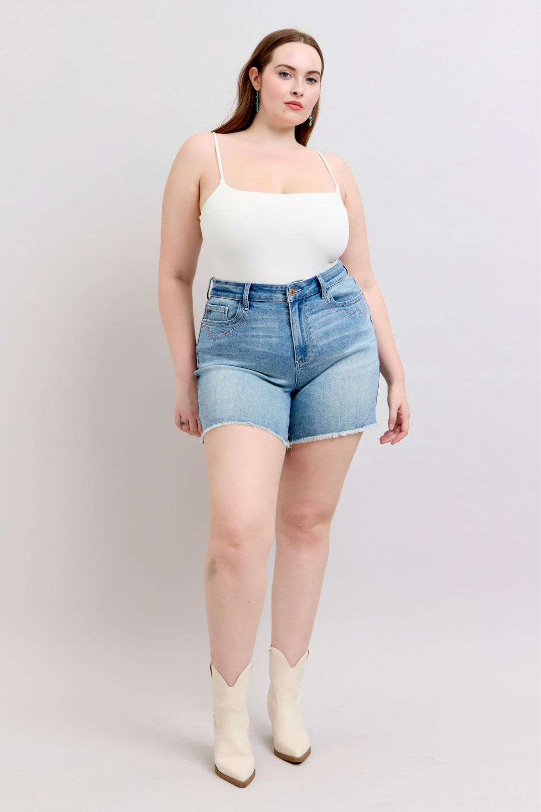Plus Size - Judy Blue High Waisted Western Pink Embroidery Detail Cut Off Shorts