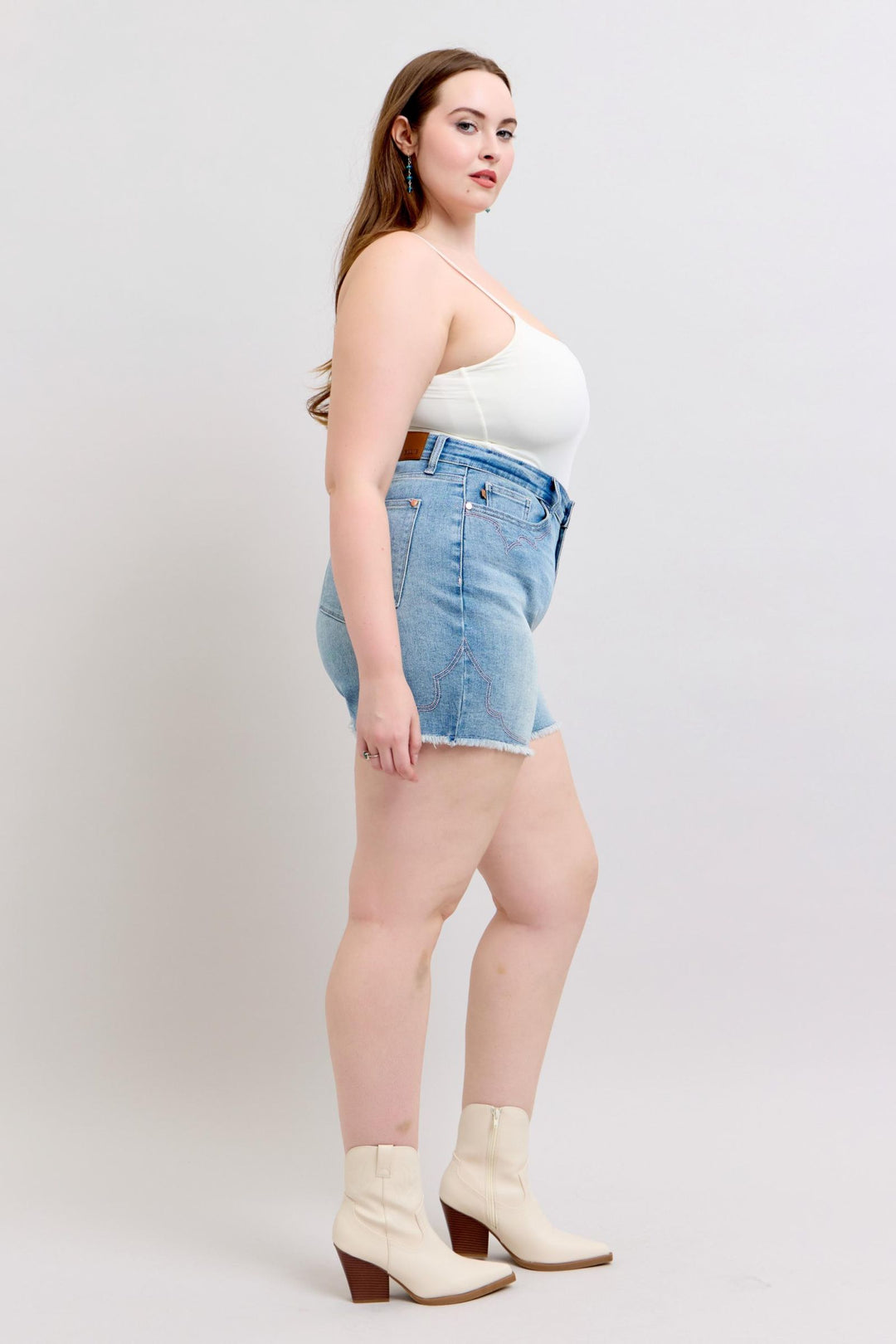 Plus Size - Judy Blue High Waisted Western Pink Embroidery Detail Cut Off Shorts