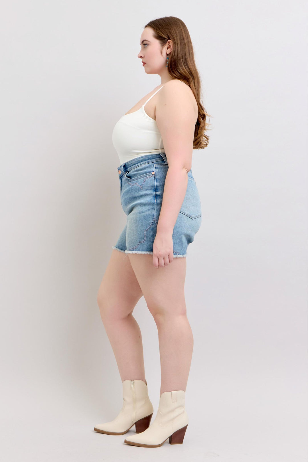 Plus Size - Judy Blue High Waisted Western Pink Embroidery Detail Cut Off Shorts