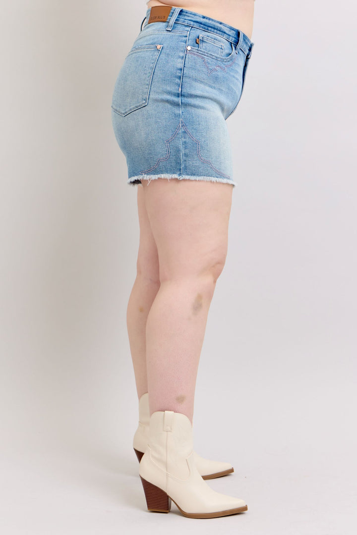 Plus Size - Judy Blue High Waisted Western Pink Embroidery Detail Cut Off Shorts