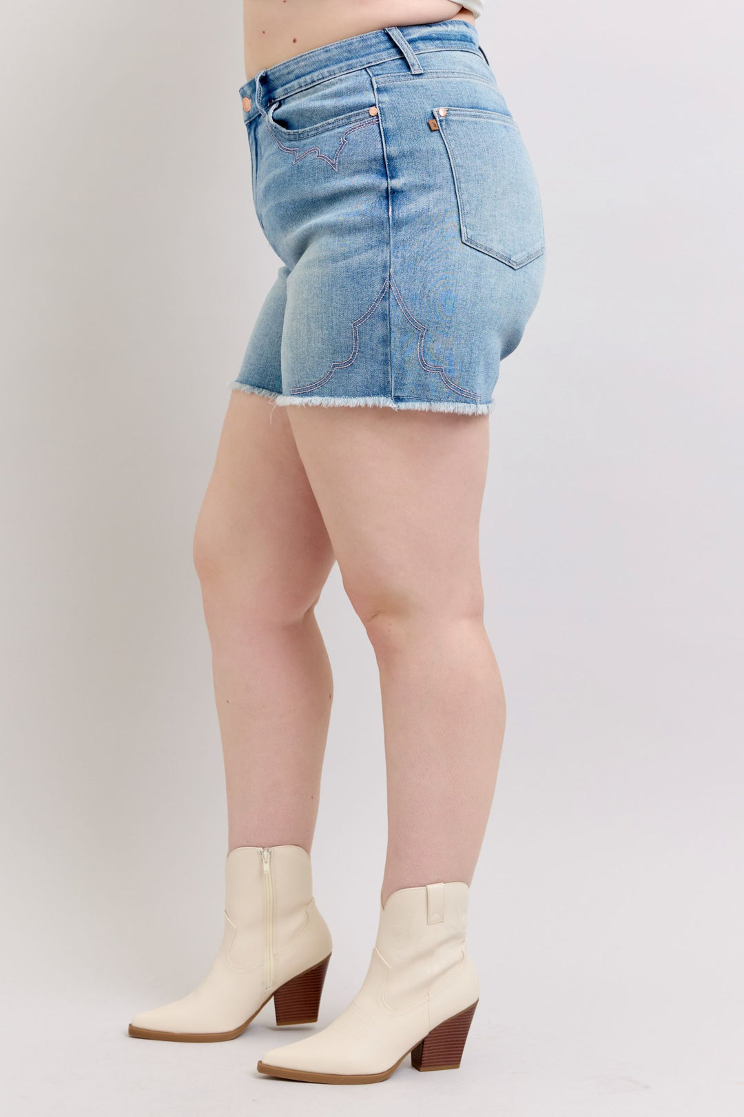Plus Size - Judy Blue High Waisted Western Pink Embroidery Detail Cut Off Shorts