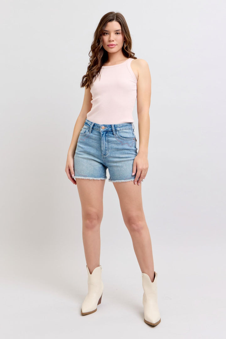 Judy Blue High Waisted Western Pink Embroidery Detail Cut Off Shorts