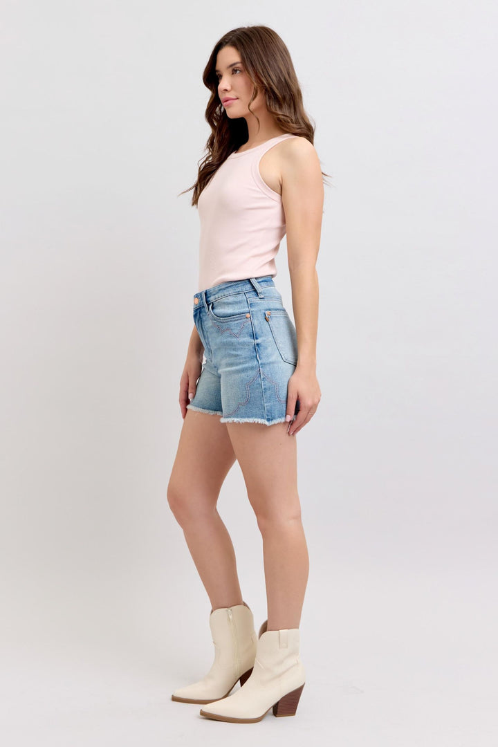 Judy Blue High Waisted Western Pink Embroidery Detail Cut Off Shorts