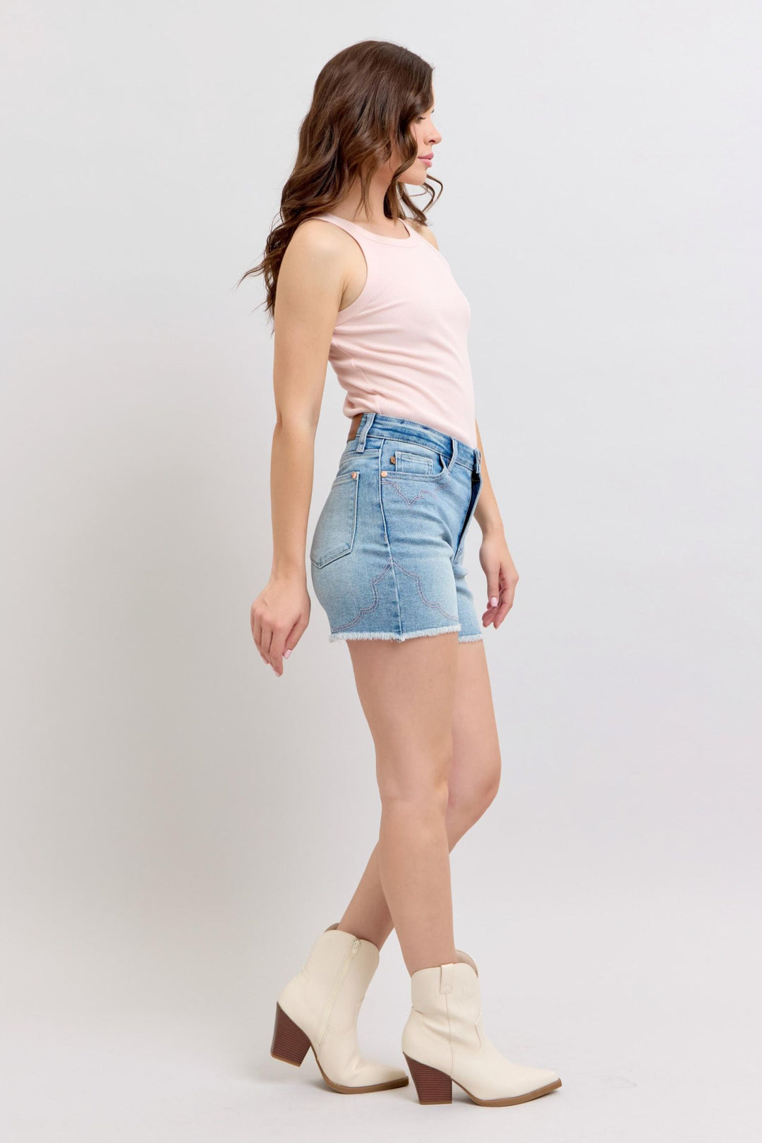 Judy Blue High Waisted Western Pink Embroidery Detail Cut Off Shorts