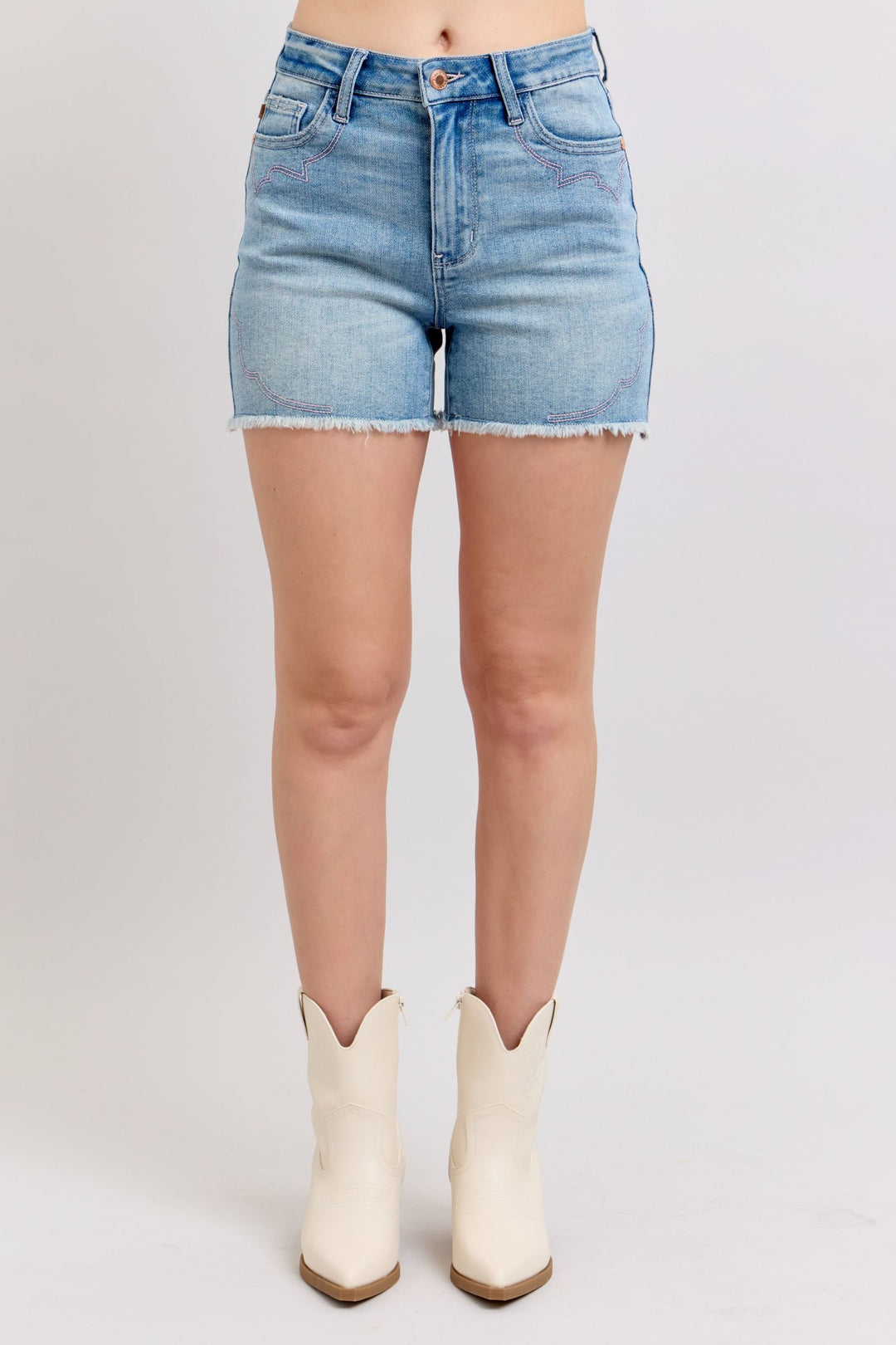 Judy Blue High Waisted Western Pink Embroidery Detail Cut Off Shorts