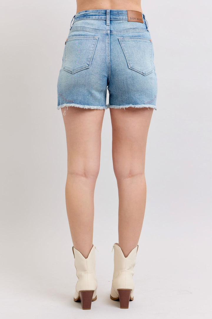 Judy Blue High Waisted Western Pink Embroidery Detail Cut Off Shorts