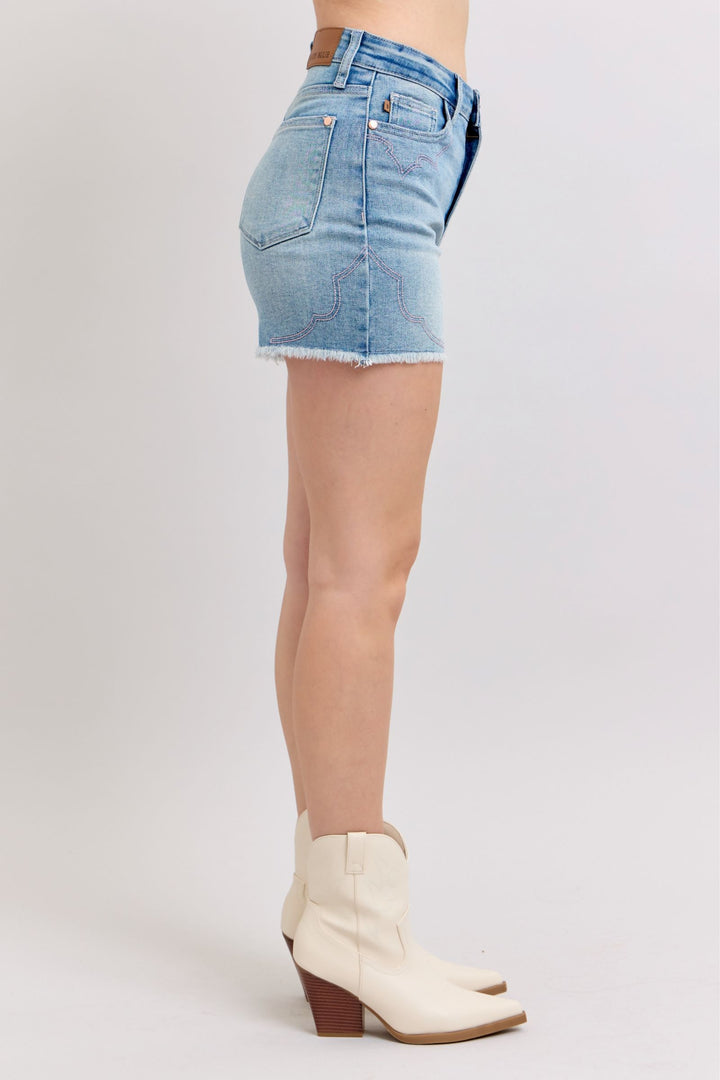 Judy Blue High Waisted Western Pink Embroidery Detail Cut Off Shorts