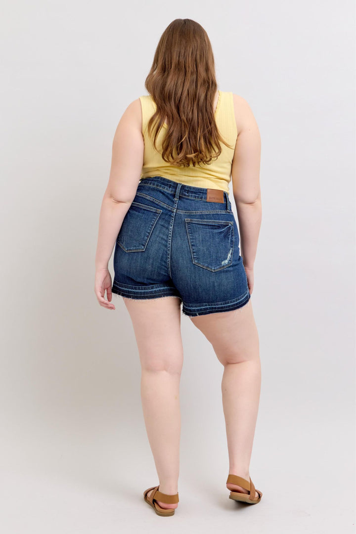 Plus Size - Judy Blue High Waisted Tummy Control Destroy Release Hem Shorts