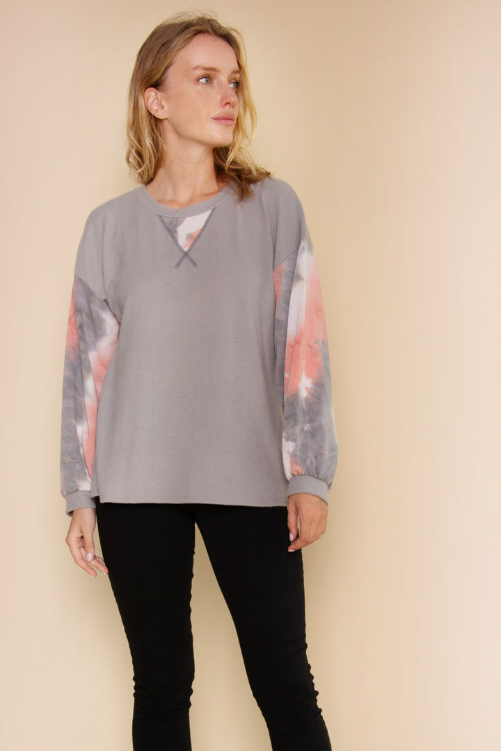 Cotton Bleu Tie Dye Long Sleeve Brushed Knit Top - grey