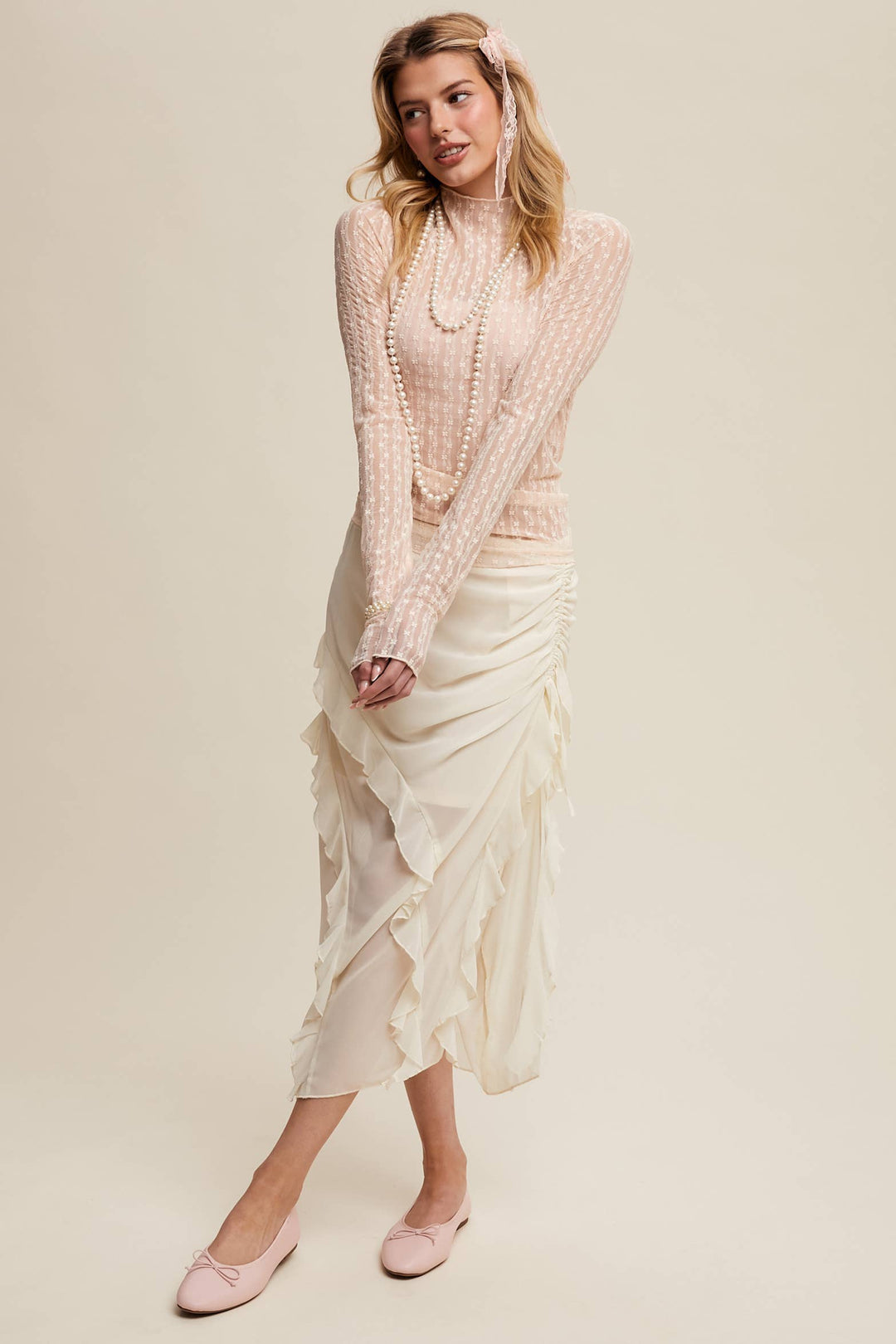 Semi Sheer Textured Lace Layering Top - Light Blush