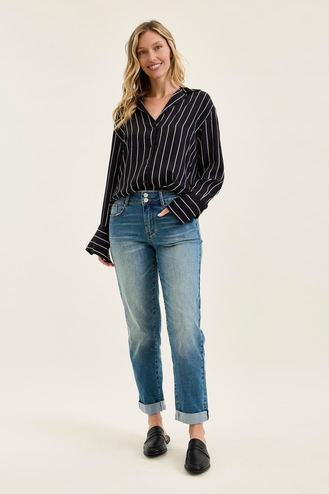 Judy Blue Mid Rise Boyfriend Cool Denim with Cross Back Belt Loops