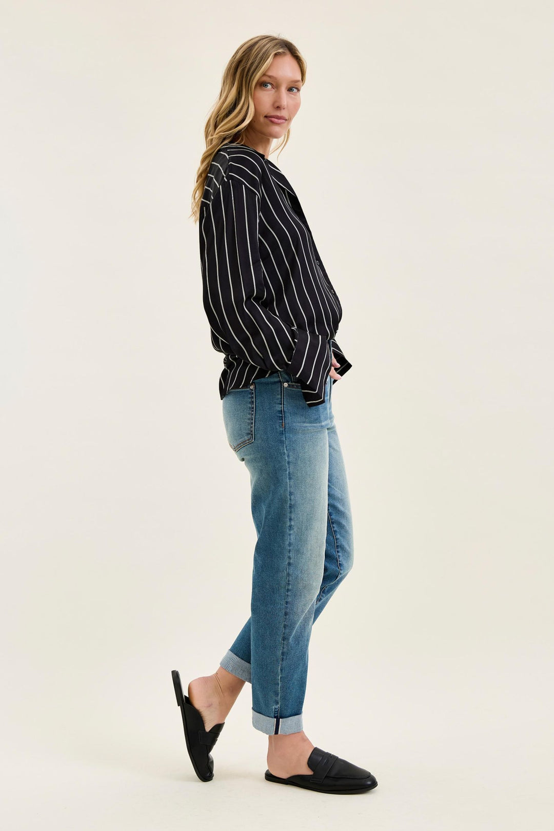 Judy Blue Mid Rise Boyfriend Cool Denim with Cross Back Belt Loops
