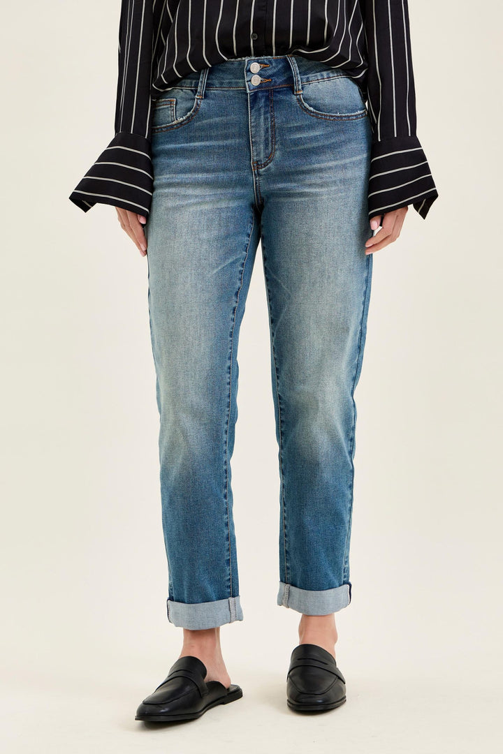 Judy Blue Mid Rise Boyfriend Cool Denim with Cross Back Belt Loops