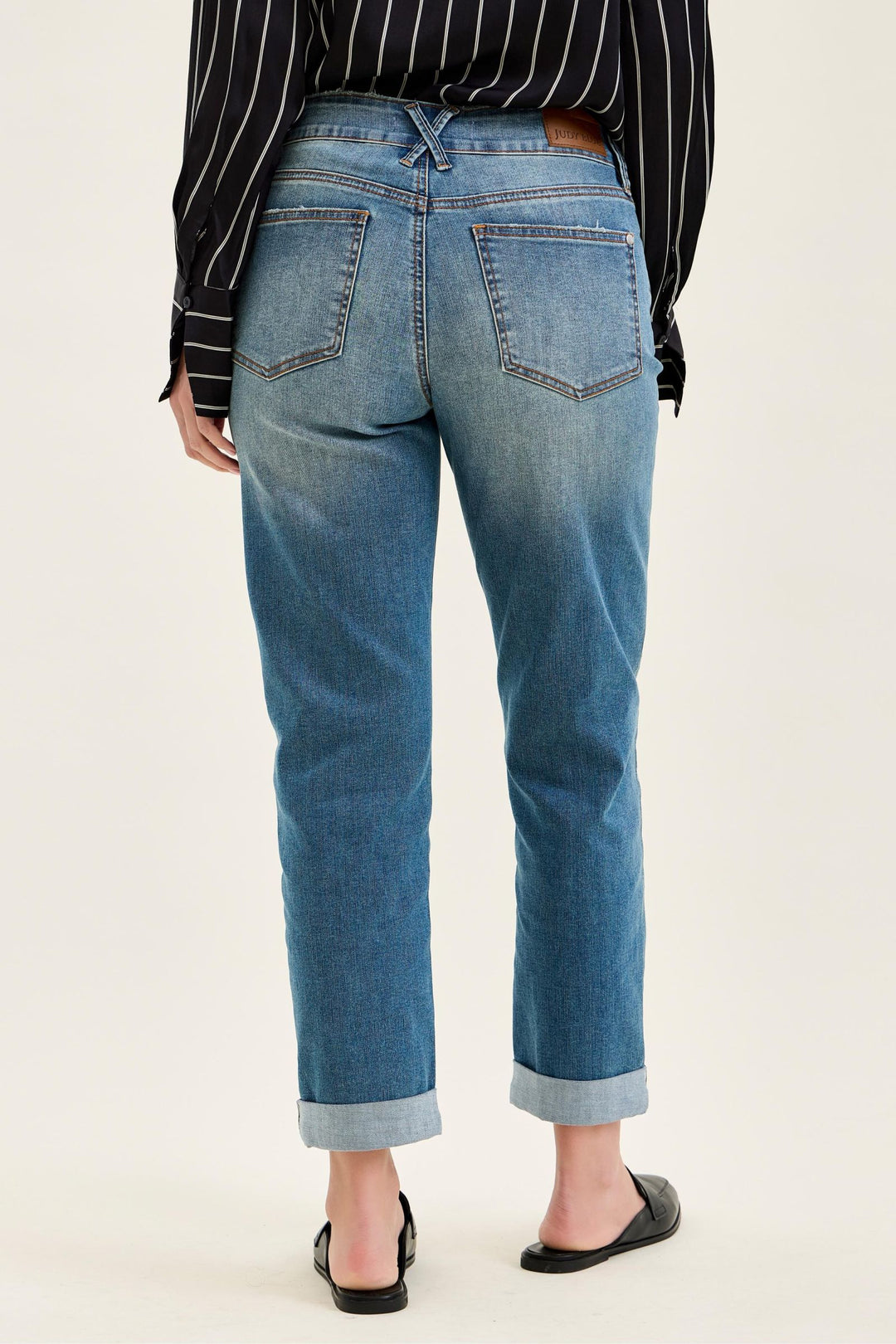 Judy Blue Mid Rise Boyfriend Cool Denim with Cross Back Belt Loops