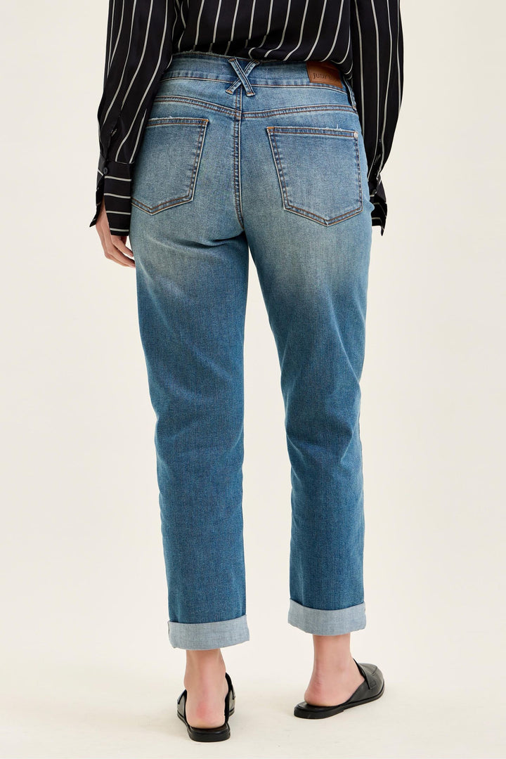 Judy Blue Mid Rise Boyfriend Cool Denim with Cross Back Belt Loops