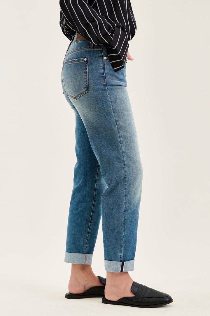 Judy Blue Mid Rise Boyfriend Cool Denim with Cross Back Belt Loops