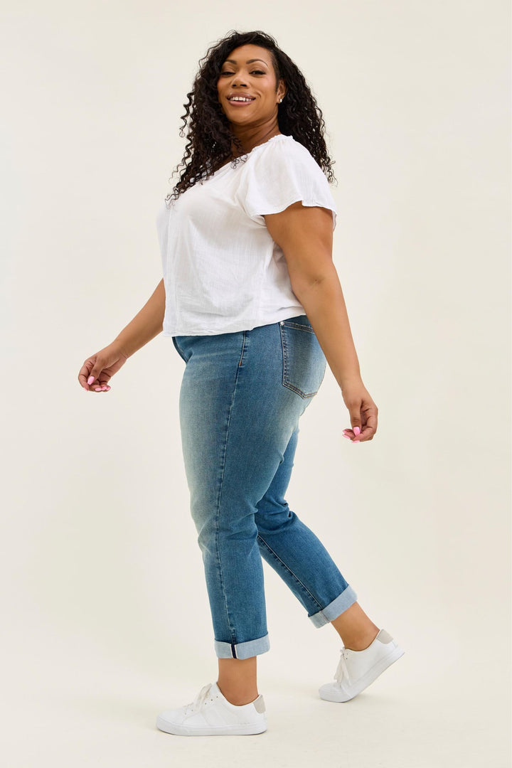 Judy Blue MR Boyfriend Cool Denim with Cross Back Belt Loops - Plus Sizes