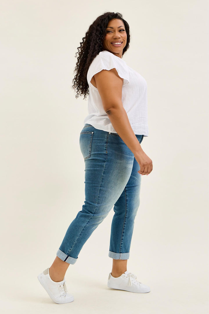 Judy Blue MR Boyfriend Cool Denim with Cross Back Belt Loops - Plus Sizes