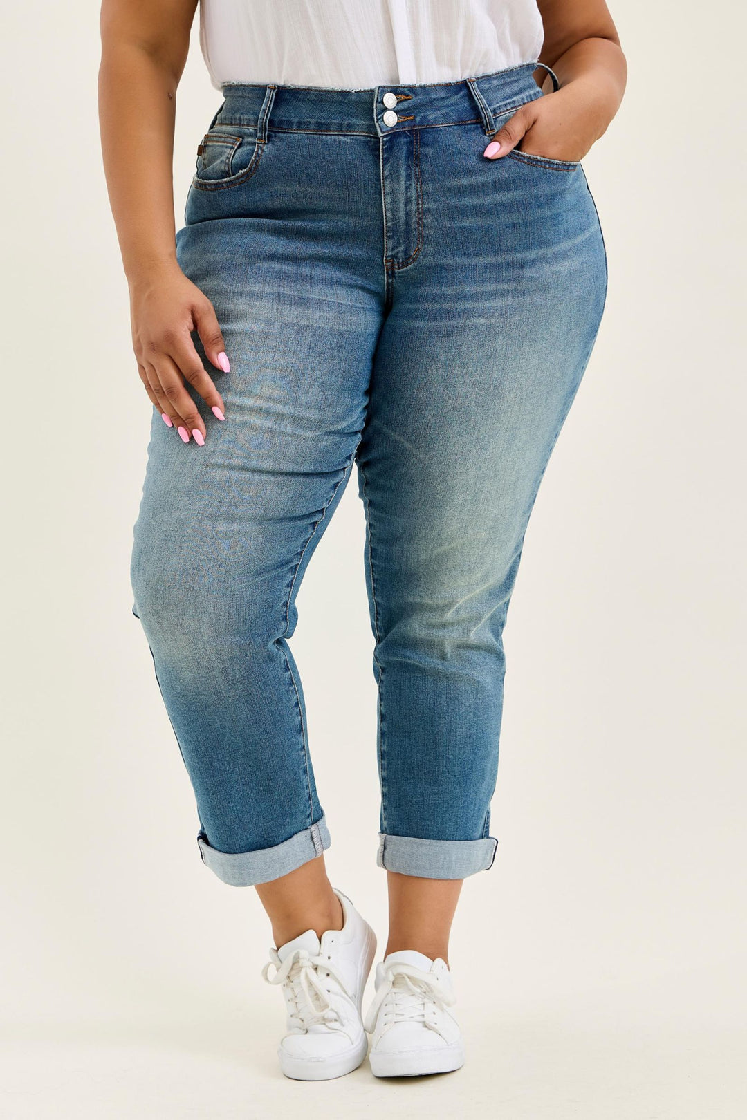 Judy Blue MR Boyfriend Cool Denim with Cross Back Belt Loops - Plus Sizes