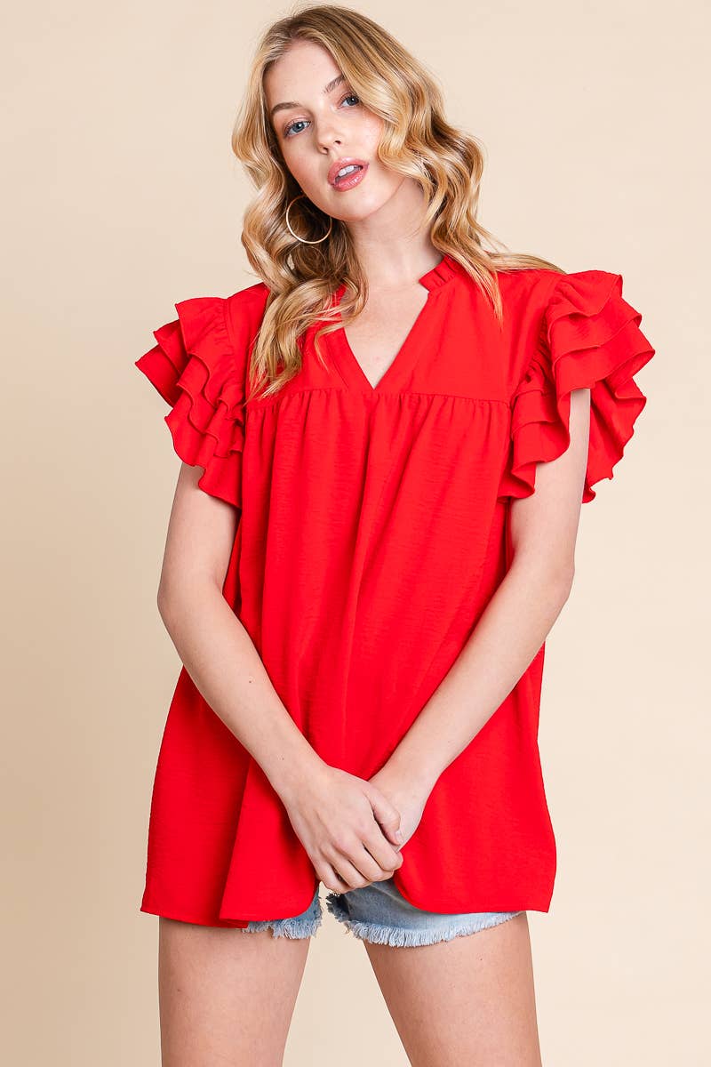 AIRFLOW OVERSIZED RUFFLE SLEEVE BLOUSE - BURGUNDY
